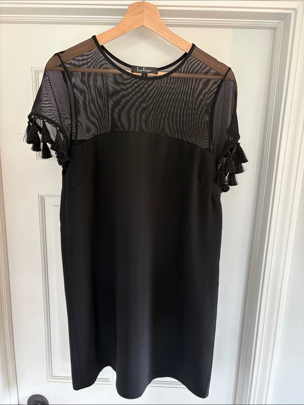 Lulu's Black Mesh Tassel Short Sleeve Shift Dress